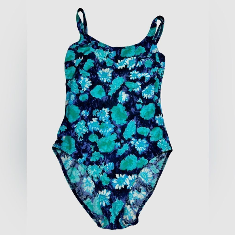 Vintage Blue Daises Le Cove Floral One Piece Swimsuit Flowers Bathing Suit